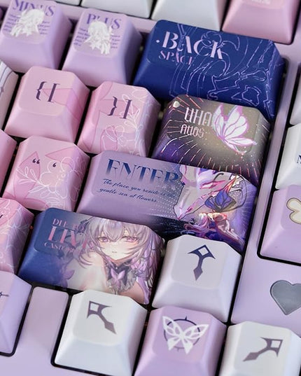 PBT Custom Keycaps 130 Keys, Japanese Anime Purple Keycaps Cherry Profile Dye Sublimation Keycap, Manga Style Key Cap Set for 60% 65% 75% TKL 100% Mechanical Keyboard
