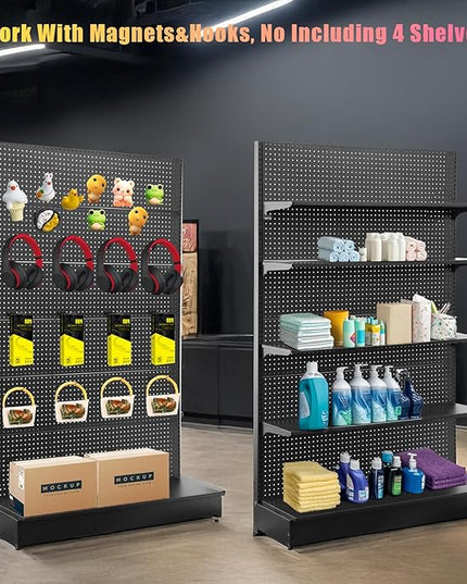 Eastern Tree Pegboard Display Stand, 4x6.5 Feet Gondola Retail Shelving Wall Display for Convenient Grocery Office Supply or Retail Stores, Standing Peg Board Display Rack with 30 Hooks, No 4 Shelves