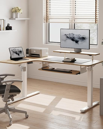 EUREKA ERGONOMIC Standing Desk Adjustable Height 61" Electric Sit Stand Computer Desk L Shaped with Keyboard Tray,Monitor Stand &LED, Dual Motor Memory Presets Sit to Desk Adjustable Desk, Left/Maple