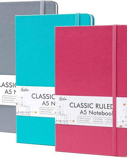 feela Hardcover Notebook For Work, Classic Ruled Lined Journal Set School Business Supplies, with 3 Black Pens, 120 GSM, 5.1”x8.3”, 3 Pack, A5, Solid Colors, Gray, Berry, Emerald