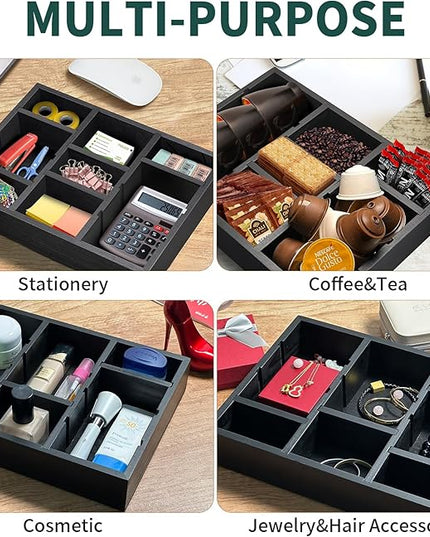 TEESSFROOD Desk Drawer Organizer Tray with 9 Adjustable Compartments, Wooden Office Desk Accessories Supplies Organization Storage for Desktop Bathroom Vanity Makeup Black