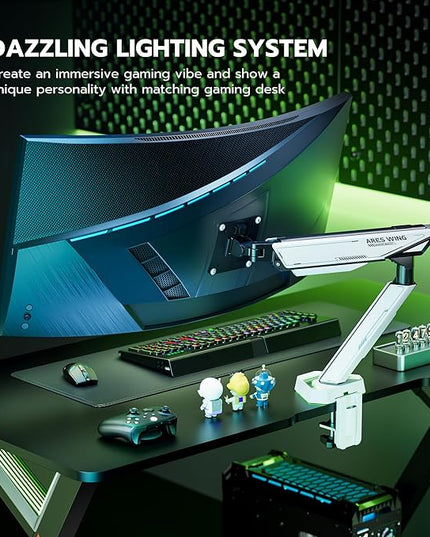 ARES WING RGB Single Monitor Arm Desk Mount for 17-45 inches Flat and Curved Monitors, Holds 35.2 lbs Heavy Duty, Adjustable Ultrawide Monitor Arm with Clamp & Grommet Base, 75/100 VESA Mount, White