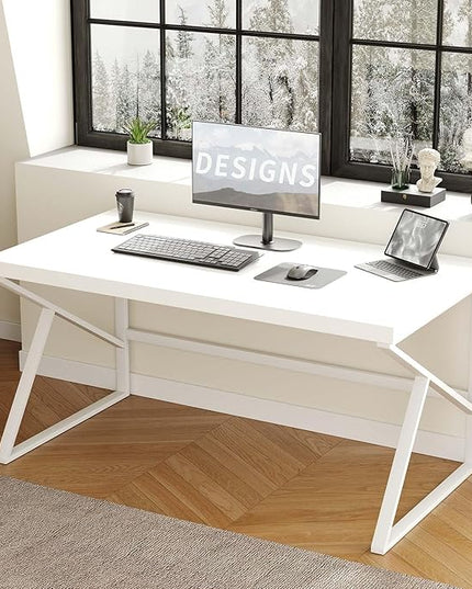 HSH White Computer Desk, Modern Wood Home Office Desk, PC Desk for Executive Work Writing Study Gaming Student Bedroom, Farmhouse Simple Wooden and Metal Computer Table Workstation, White Oak 55 Inch