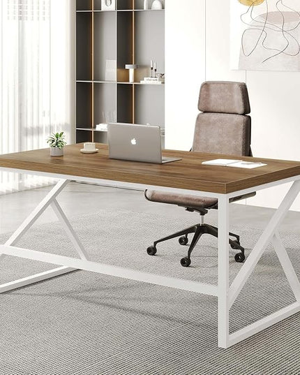 HSH Farmhouse Desk Computer Table, Modern Home Office Desk, Student Desk for Bedroom, Rustic Wood and Metal PC Laptop Desk, Simple Writing Study Gaming Desk Executive Workstation, 55 Inch