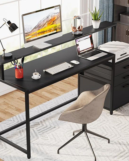 Tribesigns 63 Inch Computer Desk with File Drawer Cabinet, Ergonomic Office Desk with Monitor Stand, Industrial Computer Table with Printer Space, Wood PC Table Workstation Desks for Home Office