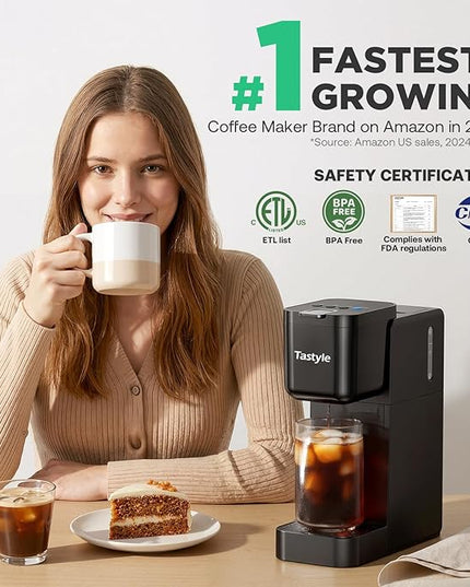 Single Serve Coffee Maker Hot and Iced with Bold Brew, Small Coffee Machine for K Cup and Ground, Fits 7.3'' Travel Mug, Brews up to 16 Oz, 5 Cup Sizes, for Office, RV& Hotel, Elegant Black