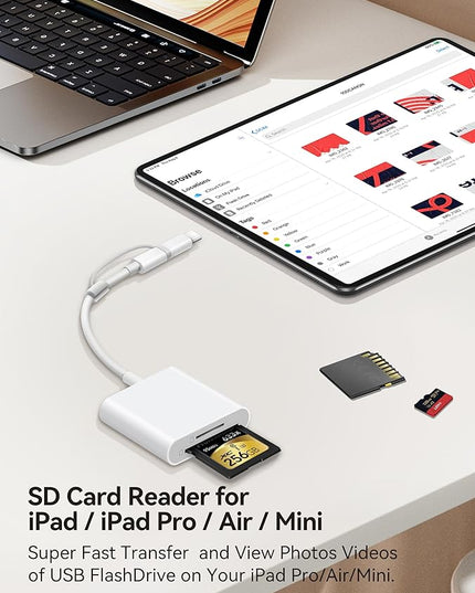SD Card Reader for iPhone, SD Card Adapter with Lightening & USBC Dual-Connector for iPhone 5-14, USB-C iPhone 15, iPad, Mac or MacBook, Supports SD MicroSD Trail Camera Viewer, Plug and Play