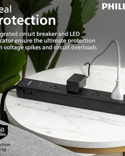 PHILIPS 4-Outlet Surge Protector Power Strip, 450J, Adapter-Spaced, 4ft Braided Cord, Outlet Extender, Extension Cord, for Home School or Office, Black, SPP3503B/37