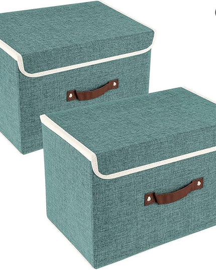 TYEERS Collapsible Storage Boxes, Washable Fabric Storage Bins with Lids, 14.9x9.8x9.8 inches, 2 Pack, Aqua Deep