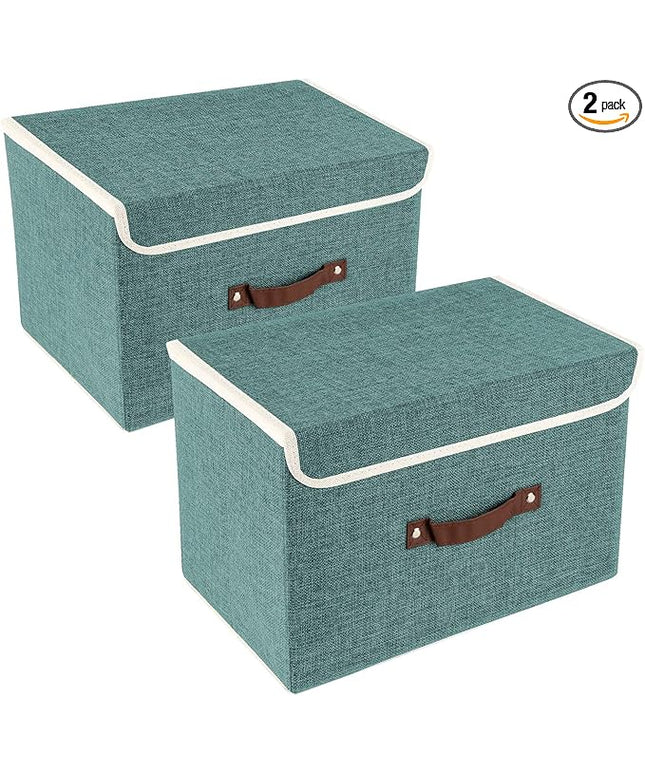 TYEERS Collapsible Storage Boxes, Washable Fabric Storage Bins with Lids, 14.9x9.8x9.8 inches, 2 Pack, Aqua Deep
