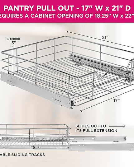 HOLDN’ STORAGE Heavy-Duty Premium Collection Pull Out Cabinet Organizer, Cabinet Drawer Slide Outs, Lifetime Limited Warranty - Basket Size 17" W x 21" D x 5" H, Anti-Rust Chrome Finish