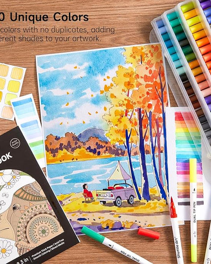 120 Colors Dual Tip Brush Marker Pens with 1 Coloring Book, Fineliner and Brush Dual Tip Markers Set, Water-based Ink Perfect for Kids Adult Artist Calligraphy Hand Lettering Journal Doodling Writing
