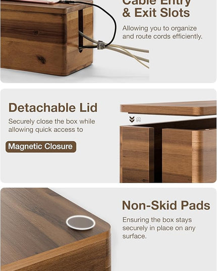 Acacia Wood Large Cable Management Box Round Edge - 16" L Wooden Power Strip Box, Surge Protector Box - Cable Hider Box for Office, Living Room - 2 Open Slots, Magnetic Lid (Walnut Color)