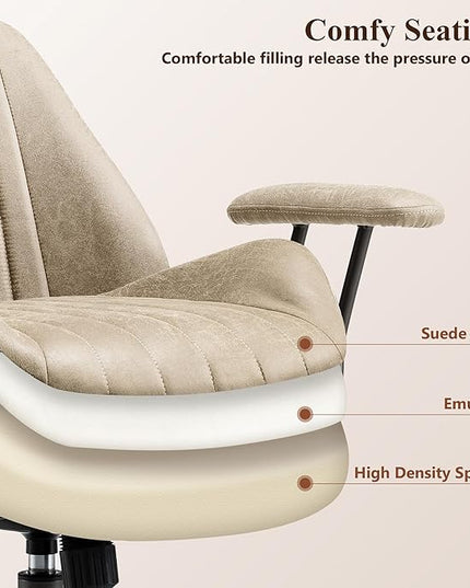 Mid Century Modren Office Chair - Fuax Leather Suede Brown Executive Chairs Ergonomic Mid Back with Lumbar Support, Swivel Computer Desk Task Chair with Wheels for Home Office (Beige, Mid Back)