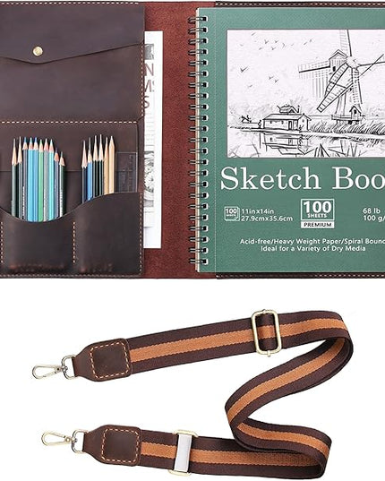 Robrasim Handmade Leather Sketchbook Cover, Artist Sketch Pad Holder for 11"X14" Sketchbook, Drawing Book and Pencil Case, Journal Notebook Portfolio with Shoulder Strap, Artist Gifts, Coffee