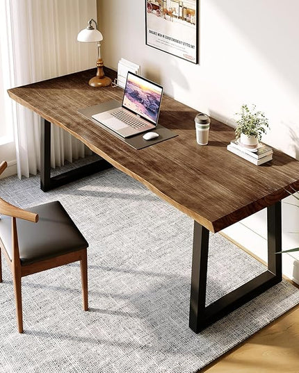 Solid Wood Desk 55 inches, Home Office Computer Desk Wooden Rustic Writing Desk Metal Modern Simple Design Executive Real Wood Desk(Dark Brown)