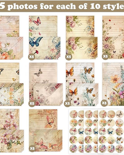 160 Pcs Stationery Paper Envelopes Set Includes 50 Lined Writing Paper & 50 Envelopes with 60 Colorful Round Dot Stickers, Cute Vintage Floral Letter Writing and Stationery Paper Envelopes(10Style)