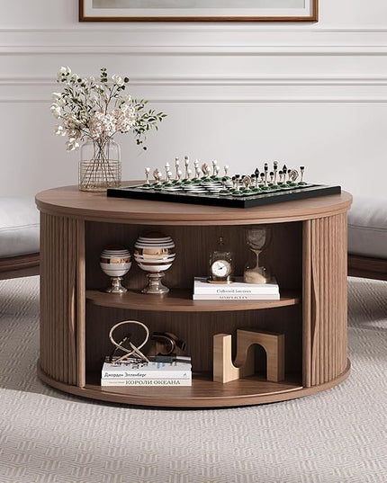 JOINICE 31.5" Round Lift Top Coffee Table, Mid Century Modern Walnut Center Table with Hidden Storage, Fluted Drum Wood Design for Small Living Room & Apartment