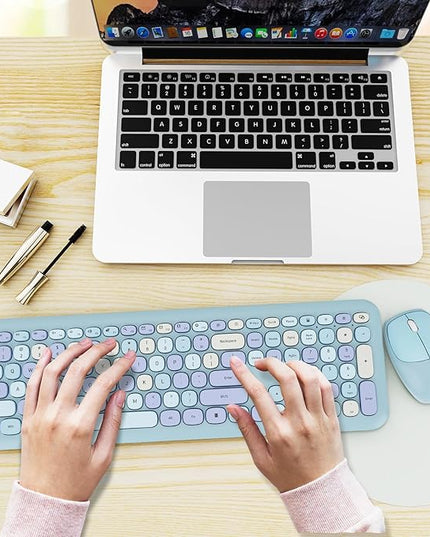 Wireless Keyboard and Mouse Combo, Colorful Ergonomic Full Size Retro Low-Noise Keyboard with Cute keycaps, Compatible with Windows, PC, Perfer for Home and Office Keyboards (Blue)