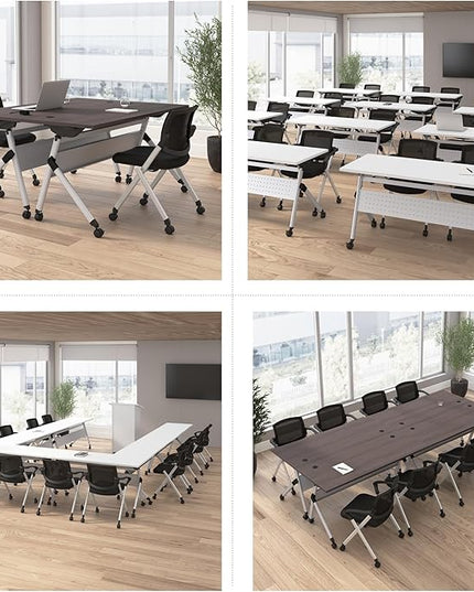 Bush Business Furniture Folding Training Table Set for 2, 72 inch Desk with Powered Grommets and 2 Chairs, Commercial-Grade Bundle for Office or Classroom, Envision Collection, White
