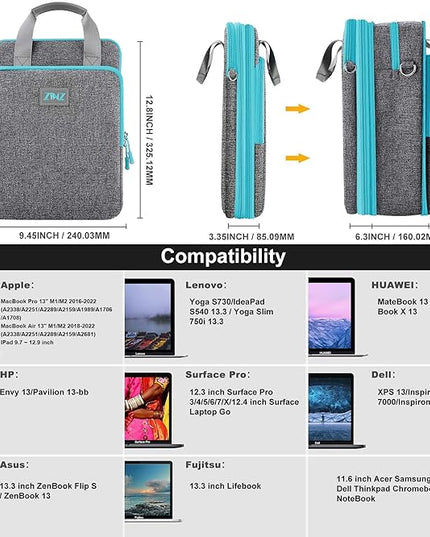 ZINZ 12.3-13 Inch Travel Laptop Shoulder Bag with Expandable Compartment and Valuables Compartment -Gray-Blue edge