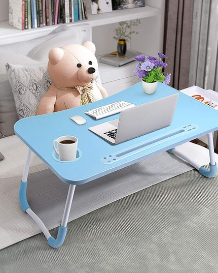 Slendor Lap Desk with Tablet Slot, Foldable Laptop Table with Storage Drawer for Bed，Portable Bed Desk for Laptop, Computer Tray with Cup Holder Notebook Stand Reading Holder for Couch Floor, Blue