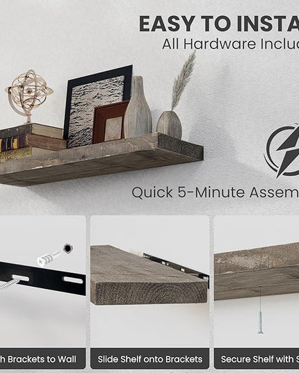 Floating Shelves, 8 Inch Deep Rustic Solid Reclaimed Wood Wall Shelves for Storage, Wall Mounted Display Shelving with Invisible Heavy-Duty Metal Bracket, 30 Inch Width Set of 2, Grey