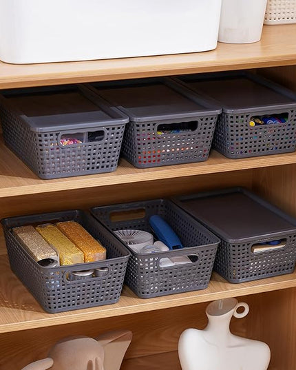 Plastic Storage Baskets With Lid, Storage Bins for Organizing, Stackable Decorative Containers for Shelves Drawers Desktop Closet Playroom Classroom Office, 6 Pack-Grey