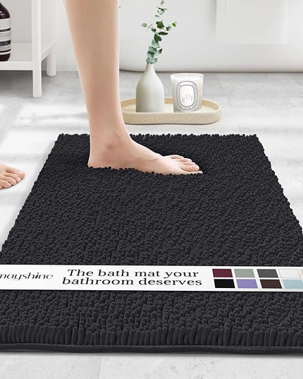 MAYSHINE Plush Shaggy Chenille Bath Mat | Extra Soft, Super Absorbent, Non-Slip Bathroom Rug | Fluffy Microfiber, Area Rug Sets for Bathroom Floor, Kitchen, Living Room | 32"x20" | Black