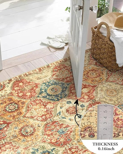 Lahome Moroccan Machine Washable Rugs for Living Room, 4x6 Rug for Bedroom Non-Slip Vintage Trellis Ultra-Thin Throw Carpet for Dining Room Office Nursery, Red/Orange