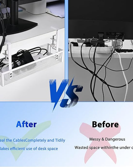 Under Desk Cable Management Tray Small – Clamp-Mounted Wire Organizer & Cord Management Under Desk Holder, No-Drill Metal Cable Tray for Home Office (White)