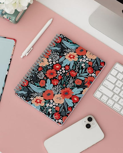 Steel Mill & Co Cute Red/Blue Mini Spiral Notebook, 8.25" x 6.25" Journal with Durable Hardcover and 160 Lined Pages, Folk Floral