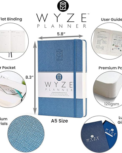 Undated Daily Planner – 6-Month A5 Productivity Organizer with Full Page Per Day, Hourly Schedule, Goal Setting, Habit Tracker, Weekly & Monthly Pages – Hardcover Time Management Notebook (Blue)