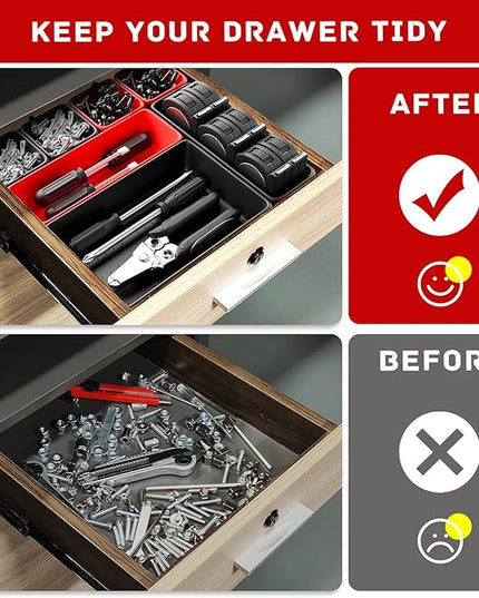 Toolbox Organizer Trays, Tool Chest Drawer Organizer with Non-Slip EVA Pads – 47pcs Red and Black Interlocking Trays for Workbench, Rolling Tool Cart, Garage