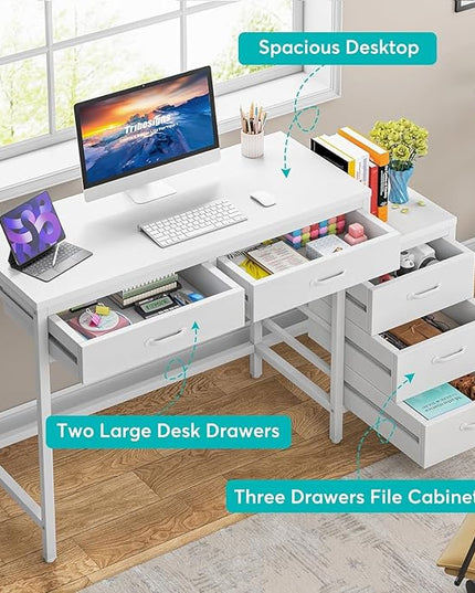 Tribesigns Computer Desk with 5 Drawers, Home Office Desks with Reversible Drawer Cabinet Printer Stand, Industrial PC Desk with Storage, White Study Writing Table Workstation for Small Spaces