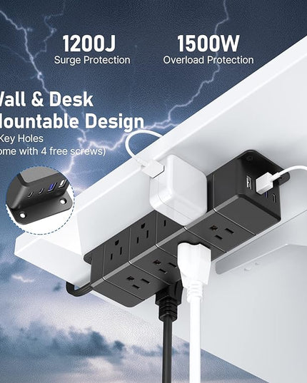 30W USB C Power Strip Surge Protector,Ultra Thin Flat Plug Power Strip 4 Side 12 Outlets,1 PD Fast Charing,2 USB-C, 2 USB-A(4 USB Total 40W),6ft Slim Extension Cord,16 in 1 Desk Power Bar,1200J Black