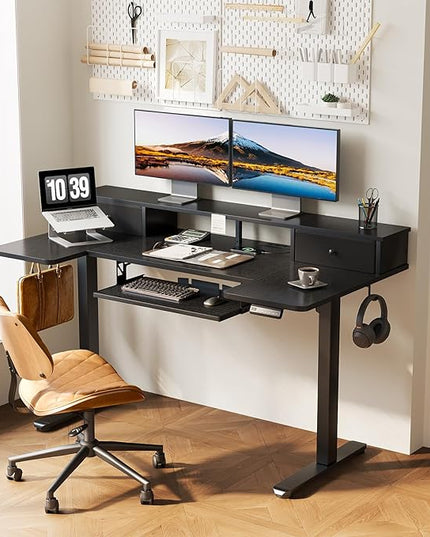 OffiGo U Shaped Electric Standing Desk with Drawers, 55 Inch Height Adjustable Desk with Keyboard Tray ＆ Ergonomic Monitor Stand, Sit Stand Table with Power Outlets for Home, Office, Black