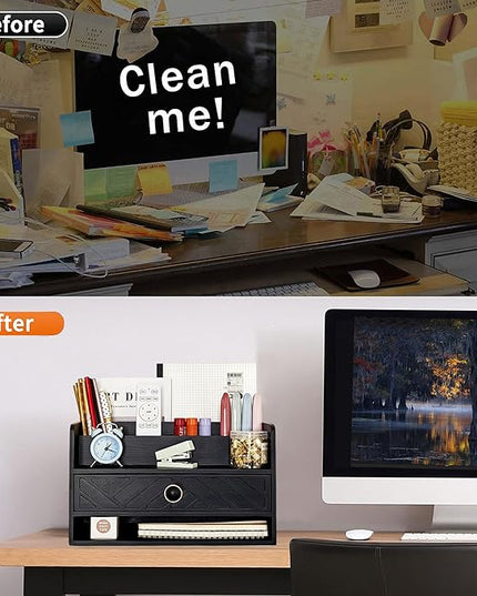 dreampossible Black Wood Desk Organizer and Accessories with Drawer, Bill Mail Organizer and File Mail Holder for Office Supplies, Desk Accessories & Workspace Organizers for Desk Organization