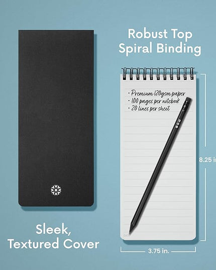 Notsu Reporter's Notebooks 2-Pack | Black Pocket Spiral Reporter Notepads for Journalist, Police, Detective, Field Note Taking | 100 Pages of 120 gsm Thick Paper, 3.75" x 8.25"