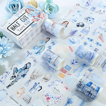 Snycler Pre-Cut Blue Mood Themed PET Washi Tapes - Vintage Aesthetic Tape Stickers for Journaling, Scrapbooking, Junk Journals, Crafts, Planners - 4 Rolls