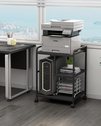 Printer Stand with Storage Shelf for Home Office Organization, 22 x 18 Inch Large Printer Table with Wheels, Shredder Stand, CPU Stand, Rolling Cart for Host Computer, PC Tower, Desktop- Black