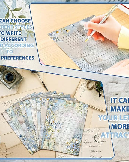 TaoBary 160 Pcs Stationery Paper Set 50 Double Sided Stationery Papers with 50 Matching Envelopes and 60 Round Dot Sticker, 10 Design (Serenity Junk,8.25 x 5.5 Inch)