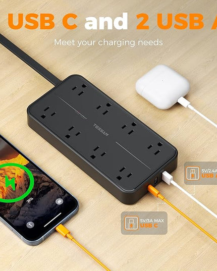 2000J Surge Protector Power Strip, TESSAN 5 FT Extension Cord with Multiple Outlets Flat Plug, 3 USB (1 USB C) and 8 AC Outlets, Wall Mount USB Charging Station for Home Office Supplies, Black