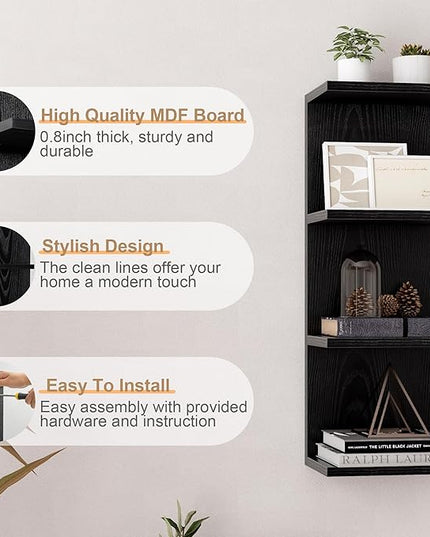 Fun Memories 4 Tier Wall Shelf Unit, Vertical Floating Shelf, Wall Mount Lack Shelving Home Decor Organizer Tall Tower Design Utility Shelving for Bedroom Living Room, Black
