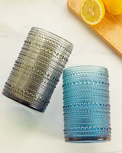 Vintage Glassware Set - 4pcs Multicolor 15.2oz Hobnail Drinking Glasses for Beer, Cocktail, Soda & Juice - Embossed Old Fashioned Glassware with Four Unique Colors