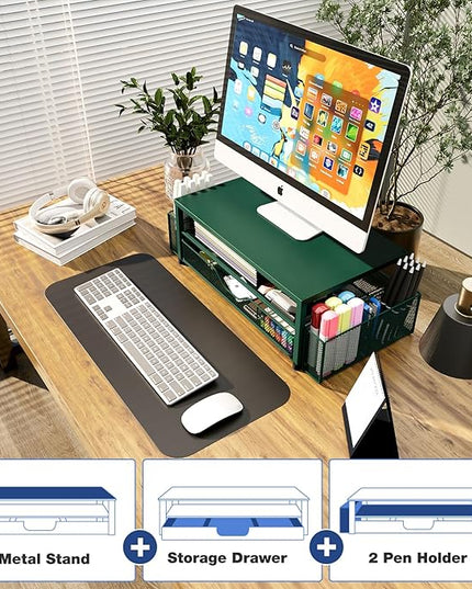 OPNICE Desk Organizers and Accessories, 2-Tier Computer Monitor Stand Riser with Drawer and 2 Pen Holders, Laptop Stand, Office Desk Accessories for Office Supplies, Dark Green