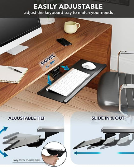 Mount-It! Under Desk Keyboard Tray – Adjustable Slide-Out Keyboard Drawer with Tilt & Swivel, 26.4" One-Piece Platform with Wrist Rest, Ergonomic Pull-Out Keyboard Holder