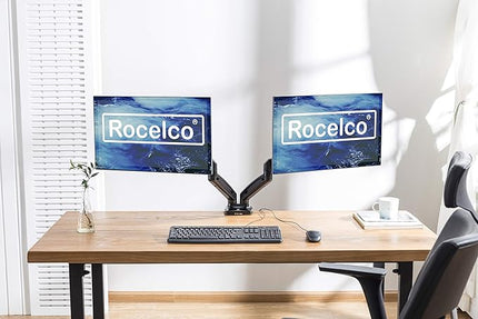 Rocelco Premium Double Monitor Desk Mount with USB 2.0 and Audio Port - Fits Dual 13" - 27" LED LCD Flat Screens - Pneumatic Full Motion Assist Adjustable Arm - Grommet and C Clamp - Black (R MA2)