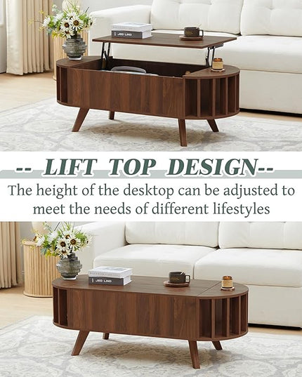 Janmer Home Small Lift Top Coffee Table with Storage, 47.3" Mid Century Modern Curved Coffee Table, Oval Center Table with Lift Tabletop for Living Room, Office (Walnut)