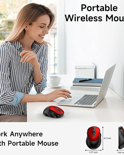 memzuoix Wireless Mouse, 2.4GHz Nano Receiver, 3 DPI Levels (800/1200/1600), 6 Buttons, Compatible with PC/Mac/Laptop - Red
